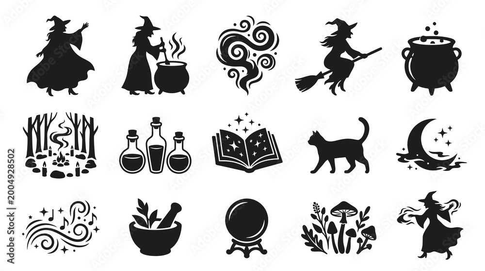 Fototapeta premium Witchcraft Magic Glyph Icons Set. Halloween Fantasy Occult Black White Silhouettes