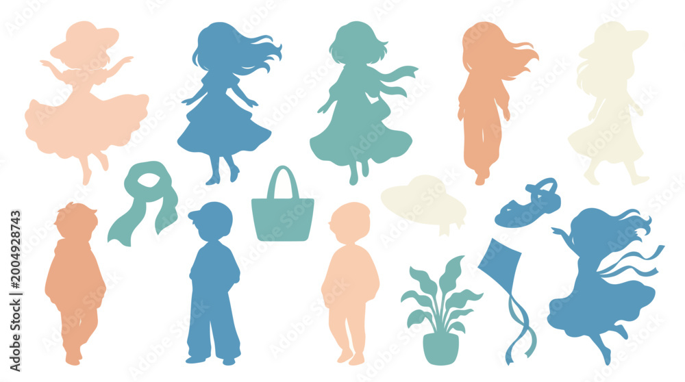 Obraz premium Pastel Flat Silhouette Vector Set of Happy Children and Childhood Play Items