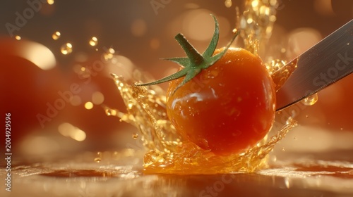Fresh Tomato Splashing in Water with a Knife, Close-Up View of Juicy Fruit, Clean and Colorful Background, Perfect for Food Photography and Culinary Arts