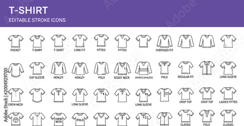 Large vector set of technical t-shirt icons featuring editable strokes and various garment styles including polo henley crop top and long sleeve for apparel design and manufacturing