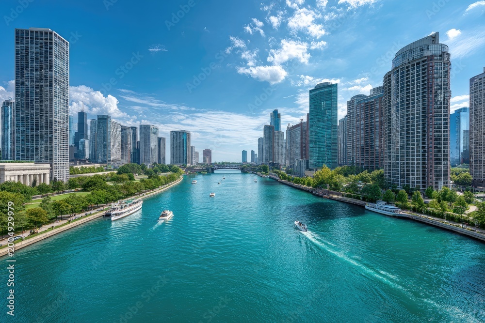 Fototapeta premium Scenic cityscape captures a river winding through modern architecture on a bright, sunny day