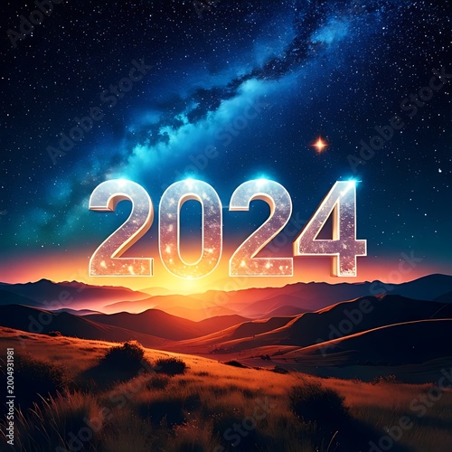2024 numbers over glowing landscape at night