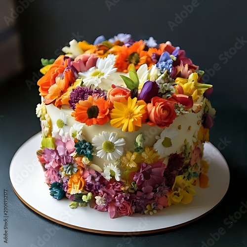 A beautifully decorated cake with many flowers