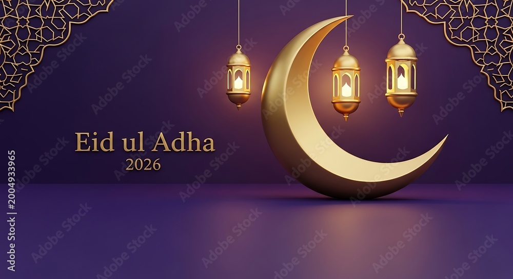 Fototapeta premium Celebration of eid ul adha with traditional lanterns and crescent moon design for 2026