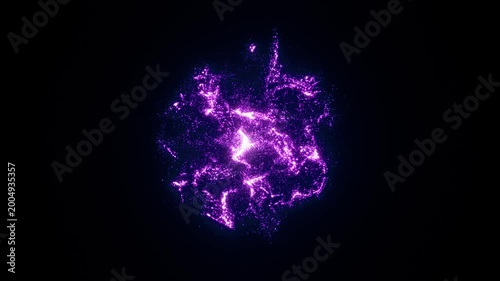 Glowing purple particle cluster with fluid motion and soft energy flow, abstract light animation on dark background,