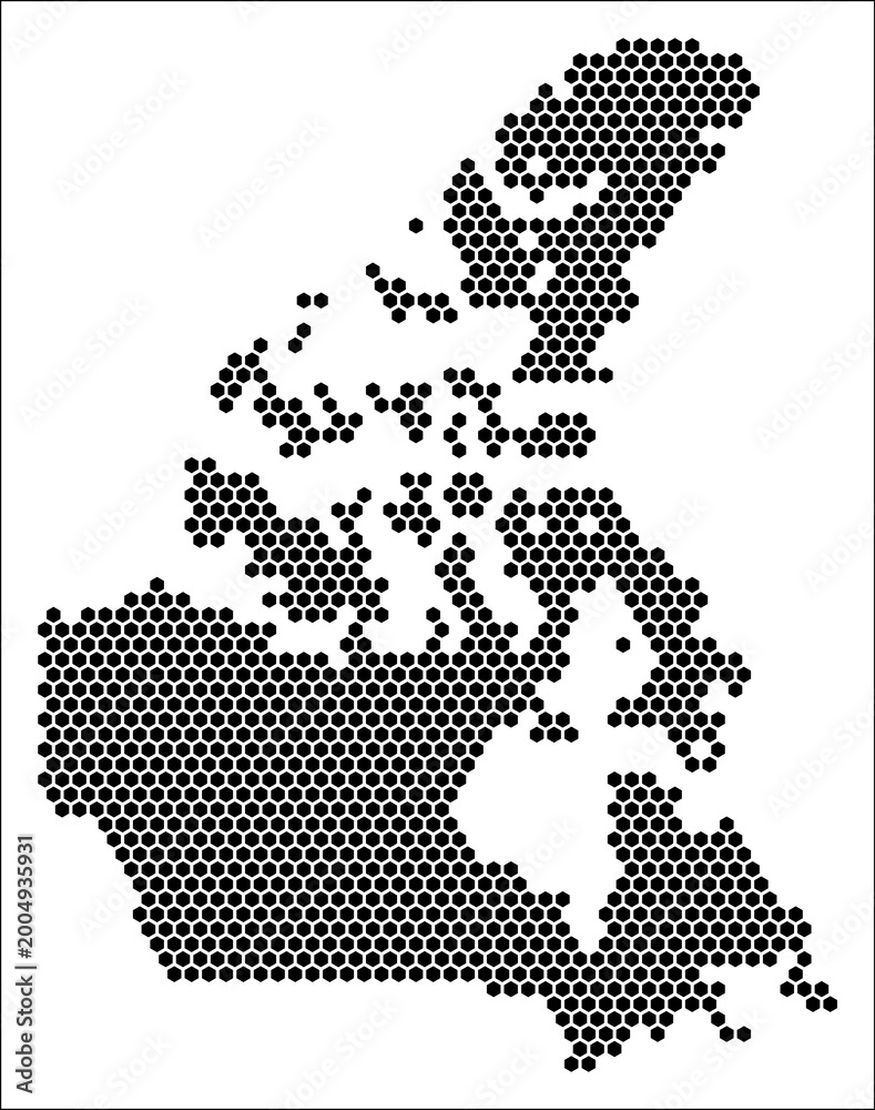 Obraz premium Canada hexagon map. Plain black and white dotted shape template. Country tiny hexagon cells. Canada flat honeycomb template. Vector Illustration.
