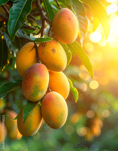 Mango tree close-up with ripe mangoes