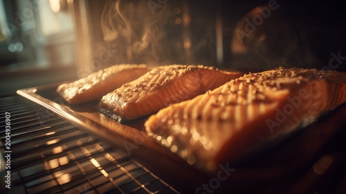 Freshly Baked Salmon Fillets in Oven with Steam Rising and Aromatic Herbs for Gourmet Cooking Experience
