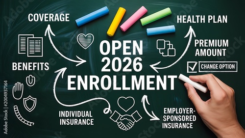 Open enrollment 2026 health insurance plan concept with benefits coverage and premium information icons