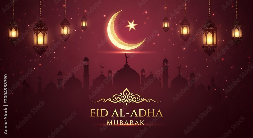 Obraz premium Celebrating eid al-adha with traditional lanterns and crescent moon decorations