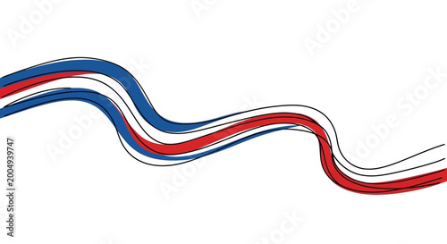 Abstract red blue white ribbon wave, patriotic design, flowing lines, festive background