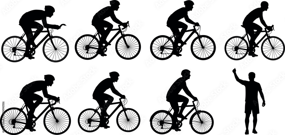 Naklejka premium Cyclist silhouette vector set with multiple road biking poses and referee figure, cycling sport icons, outdoor fitness activity illustration collection