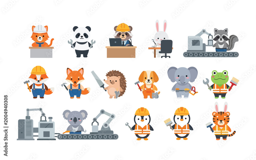 Fototapeta premium Toon animals in various professions.