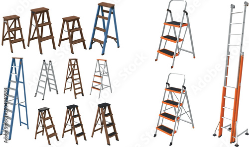 Large collection of step ladders in various materials and styles isolated on white background construction equipment vector illustration set