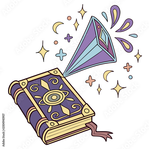 Картината върху платно Magic book, mystical tome with energy crystal beam.