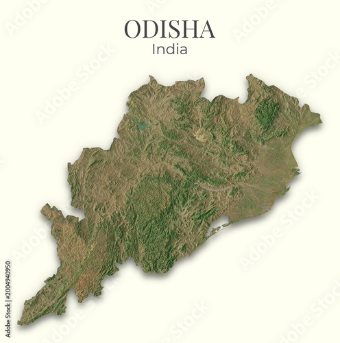 Odisha Shaded Relief Map. India. Hillshaded physical map. Terrain illustration of Odisha. Elements of this image derrived from NASA imagery and SRTM dataset.