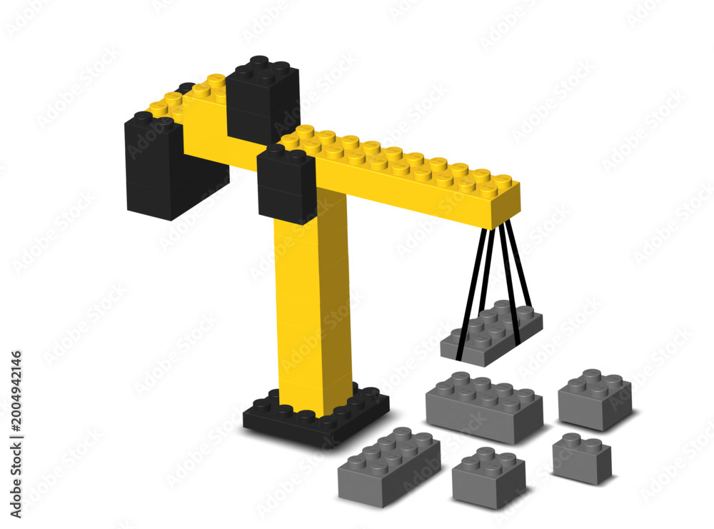 Fototapeta premium Black and yellow building crane made by realistic Lego plastik constructor parts isolated on white background. Under maintenance or construction concept. 3D rendered editorial vector PNG