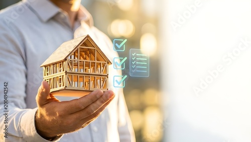 Close-up of a man's hand holding a miniature wooden house frame with digital checkmark icons and a checklist, representing home inspection, construction, and property planning.