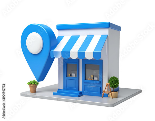 Cartoon storefront with large blue location pin, plants