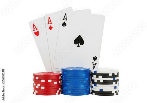 Assorted poker chips and playing cards with ace high isolated on transparent background