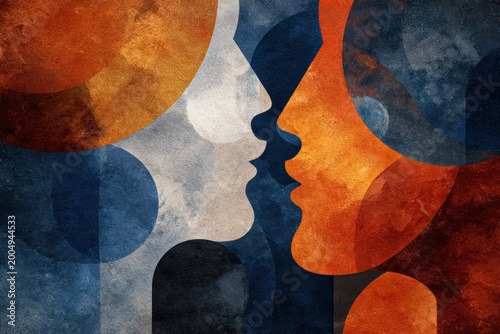 Abstract faces in profile with textured orange and blue shapes, artistic composition representing diversity, connection, and human interaction in modern digital art style.