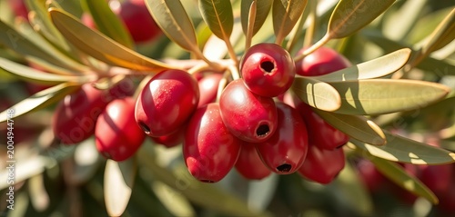 Close-up of ripe olives on branch, sunlight dappled leaves,  texture,  closeup