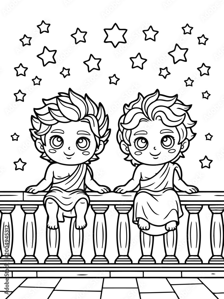 Fototapeta premium Charming Cherubs: Two cherubic figures, adorned in classical attire, perch gracefully upon a stone balustrade beneath a celestial canopy of stars. A heartwarming scene exuding innocence and charm.