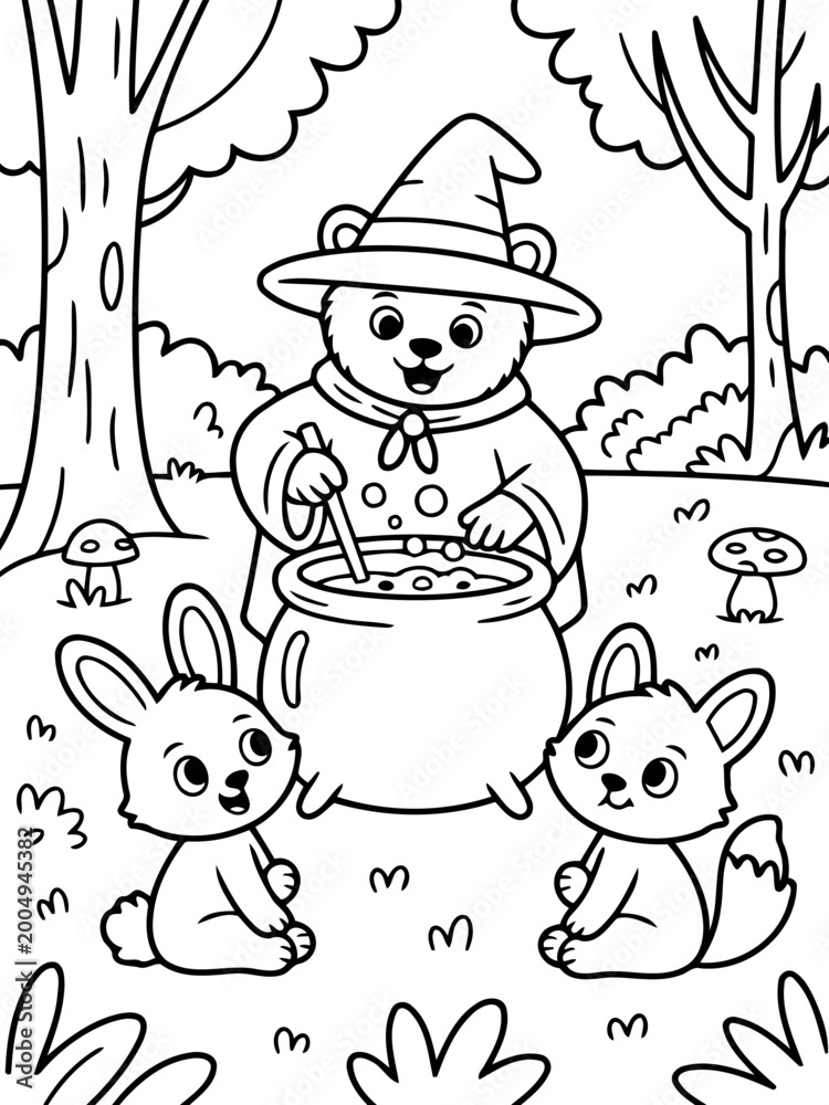 Fototapeta premium Whimsical Forest Brew: A charming illustration depicts a bear, adorned in a wizard's hat and robe, stirring a bubbling cauldron amidst the serene embrace of a whimsical forest.
