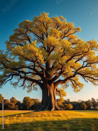A majestic tree stands tall against a serene sky, its branches stretching out like nature's own arms, landscape, peaceful