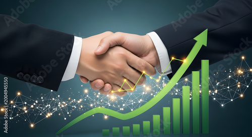 Two businessmen shake hands with a green arrow and bar graph rising behind them