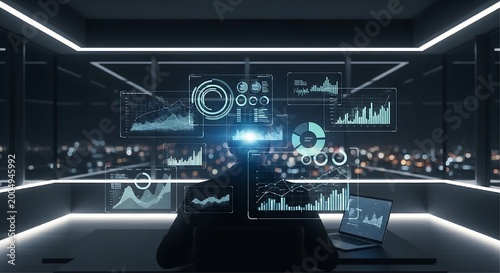 Silhouette of a person sitting in a dark office at night looking at multiple floating holographic data displays with a city skyline view.