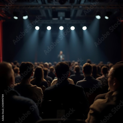 Startup pitch audience perspective with spotlight on stage in dark theater