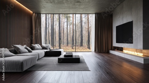 Modern living room with a large window overlooking a forest and a fireplace
