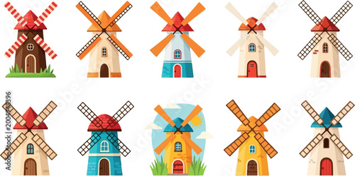 Canvastavla Colorful and Fun Windmill Illustrations with Various Designs for Rural, Farm, an