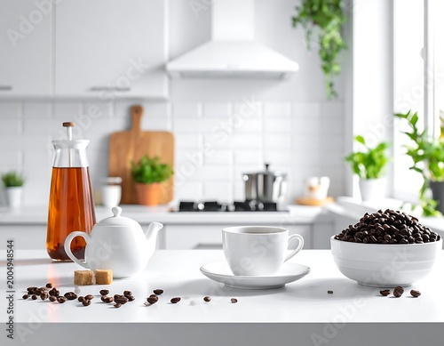 A kitchen counter with coffee beans and tea