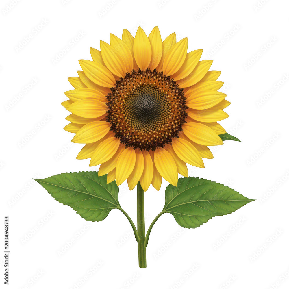 Fototapeta premium A vibrant sunflower with bright yellow petals and a brown center standing upright isolated png
