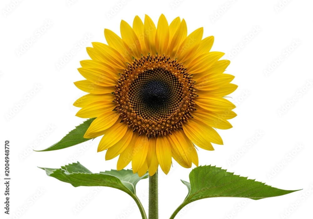 Obraz premium Bright yellow sunflower with green leaves isolated on white background