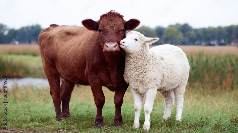 Obraz premium A cow and lamb embrace in a grassy meadow under an overcast sky
