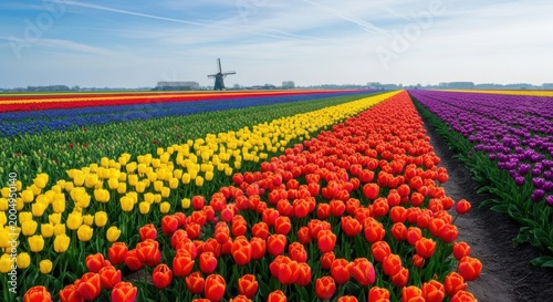 Vibrant tulip field stretches towards windmill under blue sky with colorful rows of red, yellow, purple, and green flowers.