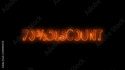 70 Percent Discount Sign text neon glowing animation on Black Background.