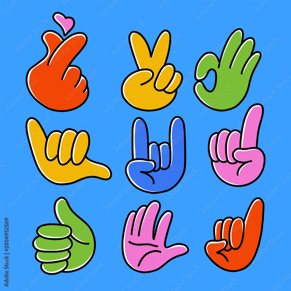 Obraz premium Colorful Hand Gestures Doodle Illustration Set. Various Human Hand Signs.