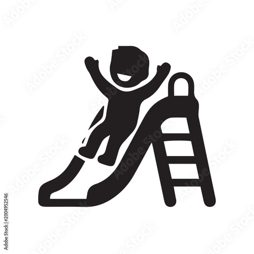 Happy child sliding down a slide on playground icon on white background