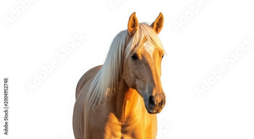 Majestic palomino horse with golden mane in soft natural light against white background