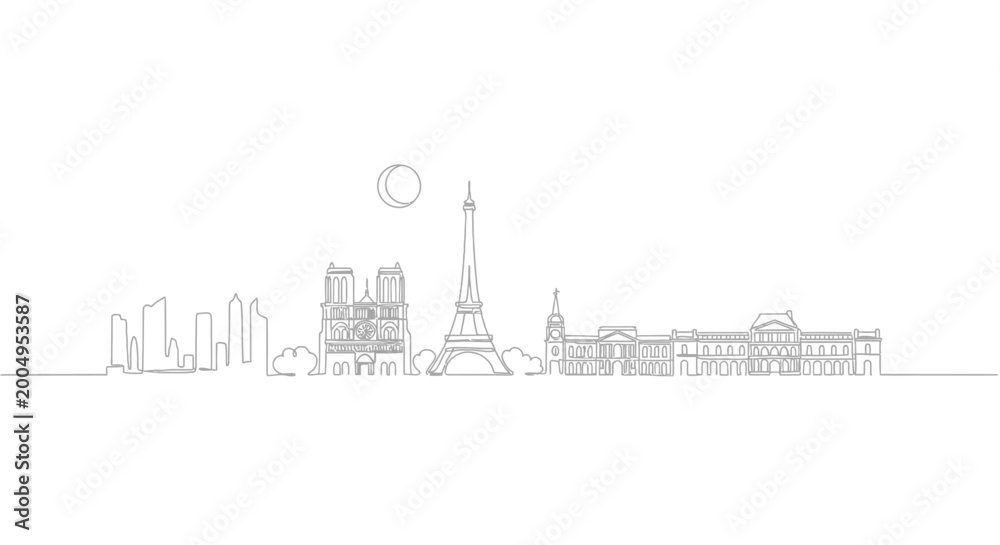 Obraz premium Paris skyline outline, Eiffel Tower, Notre Dame, Louvre, clean minimalist vector