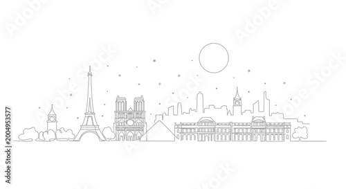 Paris skyline outline, Eiffel Tower, Notre Dame, Louvre, city landmark, travel, France