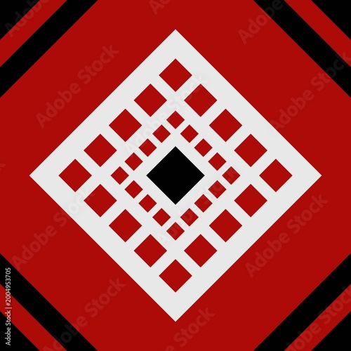 Bold pattern with concentric white diamond lattices with red and black accents. Repeating design suitable for modern textiles and graphic backgrounds
