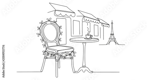 Bild auf Leinwand Parisian cafe sketch with Eiffel Tower view, outdoor seating, elegant chair, cof