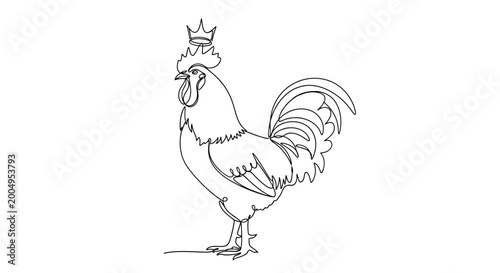 Fotografie Single Line Drawing of a Majestic Rooster Wearing a Crown, Minimalist Farm Anima