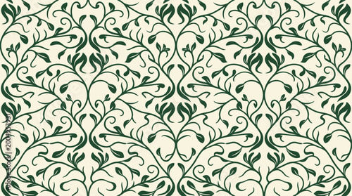 Elegant Dark Green Floral Damask Pattern on Cream Background