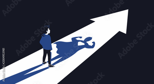 Mans superhero shadow on an upward arrow path.